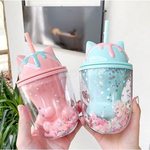 250ML Cartoon Cat Paw Child Water Bottle With Straw Cute Double Bottom Plastic Juice Sakura Cup Coffee Mug Drinkware For Girls