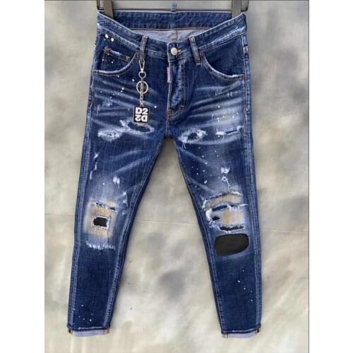 2021 Fashion Tide Brand Patch Applique Washed Frayed Holes Painted Micro-elastic Slim Feet Jeans 005-1