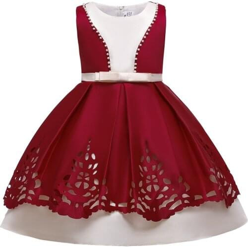 Elegant Satin Girls Dress Princess Hollow with Beaded Bithday Party Ball Gown Fancy Girls Princess dress Sleeveless Floral Dress