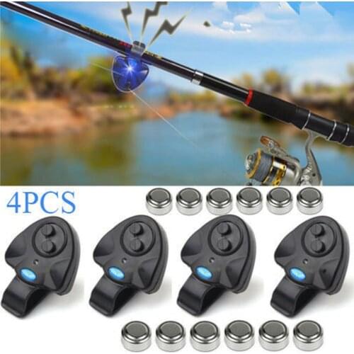 4 x Electronic LED Light Fishing Bite Sound Alarm Alert Bell Clip On Fishing Rod