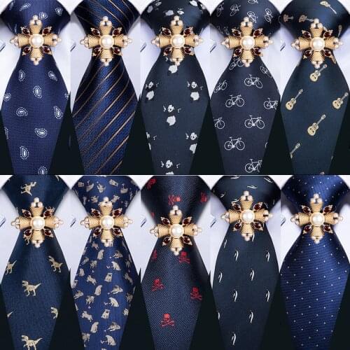 Blue Navy Silk Men Tie Brooches Set Wedding Tie Hanky Cufflinks Barry.Wang 8.5cm Fashion Designer Neckties For Men Gift Party
