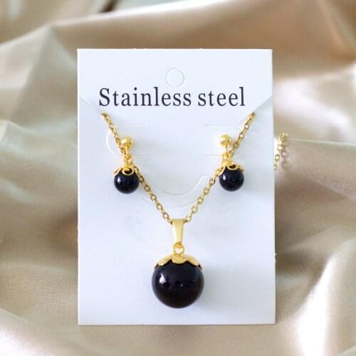 Trendy Imitation Pearl Pendant Necklace and Stud Earrings Set 316L Stainless Steel Jewelry Set for Girl Women Gift Jewelry