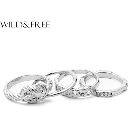 4 pcs Fashion Gold Knot Plain Ring Set For Women Vintage Silver Plated Rhinestone Female Knuckle Ring Set Jewelry