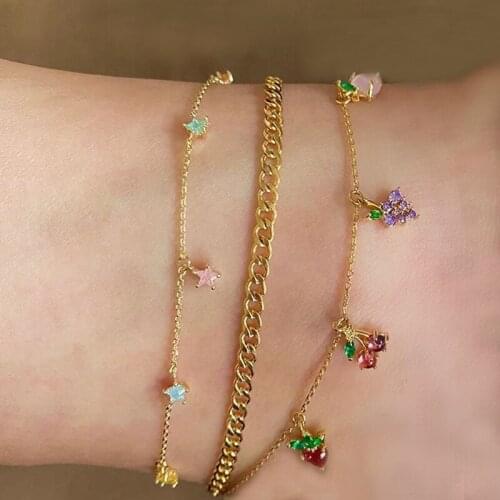 3 Pcs/Set Women Anklets Set Fashion Fruit Peach Apple Cherry Grape Star Tassel Pendant Gold Anklet Beach Party Jewelry