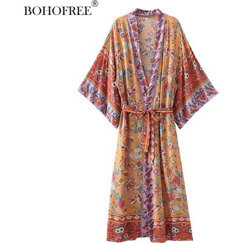 New Rayon Cotton Bohemian Cover Ups Floral Long Robes Casual Maxi Hippie Dress Long Bohemian Duster Vestidos Womens Dresses