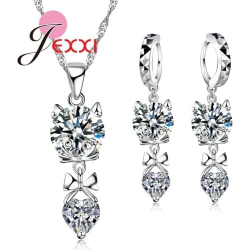 New 925 Sterling Silver Jewelry Sets Cute Cat Pendant CZ Crystal African Bridal Simulated For Women Lady Girl Accessories