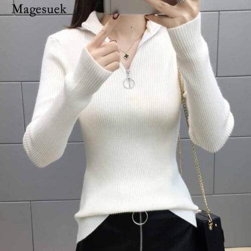 Solid White Women Sweater 2020 Slim Knitted Jumper Autumn All-match Woman Sweaters Zipper Half-turtleneck Pullover Sweater 11485