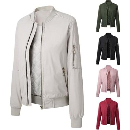 Autumn Winter Women Bomber Jacket Cotton Padded Baseball Jacket Solid Coat Female Zipper Pockets Varsity Jackets Parkas Femme