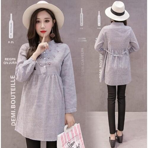 Autumn Long Sleeve Striped Blouses Shirts Maternity Dresses For Pregnant Women Tops Casual Embroidery Pregnancy Dress Vestidos