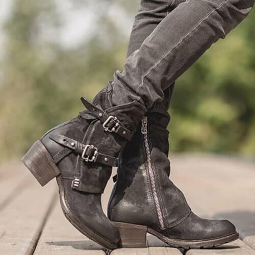 Autumn Women Shoes Motorcycle Boots Platform Low Square Heel Round Toe Ankle Buckle Handmade Sewing Punk Cool Ladies Female 2021