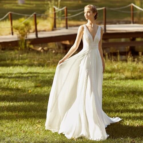 Boho Wedding Dresses A Line Lace Sexy V Neck Backless Beach Bridal Gowns 2021 Summer Bohemian Style Women Ceremony Party Formal