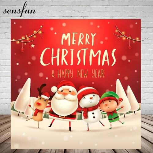 Sensfun Merry Christmas And Happy New Year Backdrop Red White Snow Tree Santa Claus Snowman Elk Photography Backgrounds