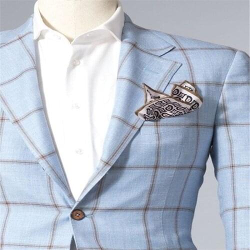 Blue Slim Fit Men Groom Suits plaid Two Buttons Men Tuxedos For Wedding Notch Lapel Fashion Men Blazer jacket +pant
