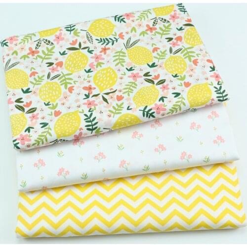 Fresh Fruit Yellow Lemon Small Pink Flower Chevron 100% Cotton Twill Fabric for Cushion Dress Apparel Patchwork Handwork Craft