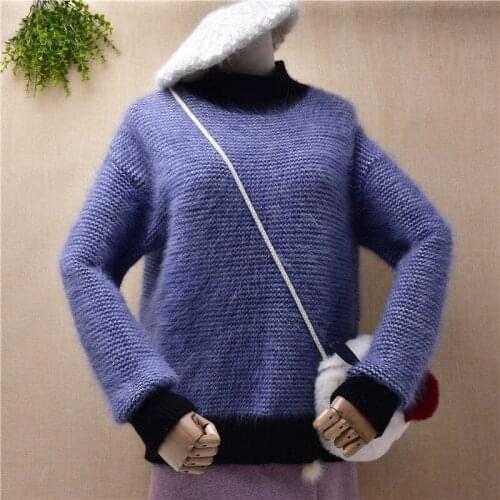 Ladies women casual fashion hairy striped long sleeves colored loose pullover angora fur winter blouses jumper sweater pull top