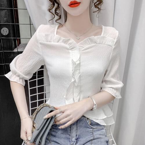 Chiffon shirt womens summer 2021 new style ruffled waist and thin wild short top with fungus