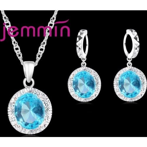 New Fashion Round Shape Blue Zircon Jewelry Sets For Women 100% 925 Sterling Silver Clear CZ Pendant Earrings Necklace