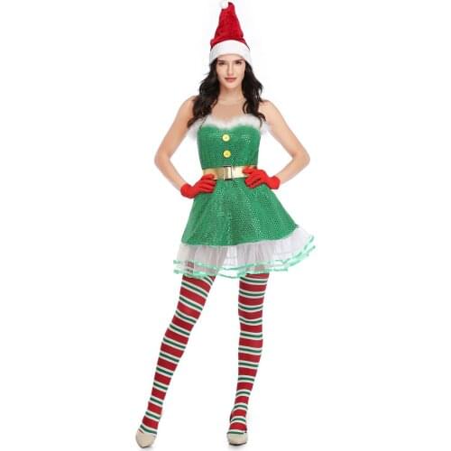 Adult Womens Green Sequin Cosplay Santa Claus Sexy Christmas Costumes Xmas Sexy Santa Dress Costume