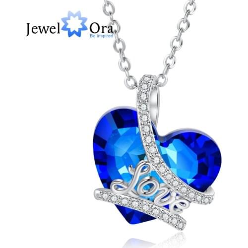 JewelOra New Silver Color Cubic Zirconia Paved Love Pendant Classic Heart Blue Crystal Necklaces for Women Wedding Gifts