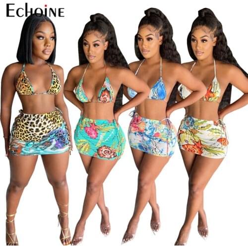 Echoine Summer Women Sexy Leopard Print Two Piece Sets Sleeveless Backless Bandage Crop Tops And Mini Skirts Matching Outfits