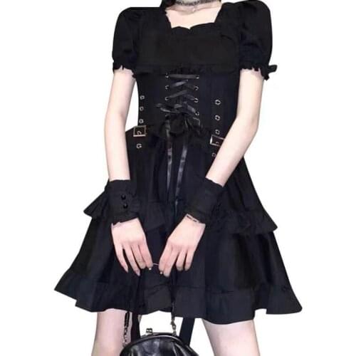 Womens Gothic Lolita Dress Goth Punk Gothic Harajuku Mall Goth Style Bandage Black Dress Emo Clothes Dress 2021
