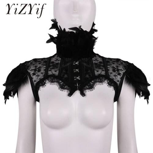 Women Punk Gothic fake Collar Feather Cape Shoulder Lace Bolero Jacket Shrug Tops Retro Vintage Halloween Goth Rave Costumes