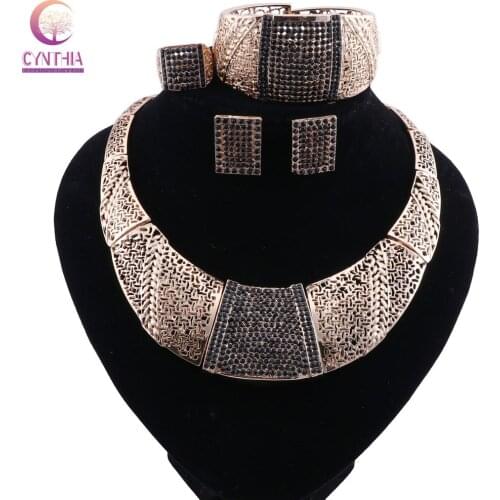 CYNTHIA Statement Necklace Fashion Women Vintage Choker Collar Gold Color Black Crystal Necklace Earrings Jewelry Sets