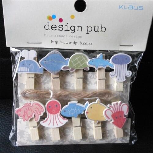 10pcs/lot Kawaii Whale Marine Animals Wooden Clip Photo paper Clothespin Craft Clips Party Decoration Clip with Hemp Rope