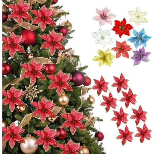 10pcs/lot Christmas Decor Flower Glitter Christmas Pendant Wreath Fake Flowers DIY Home Christmas Tree 13 cm Artificial Roses