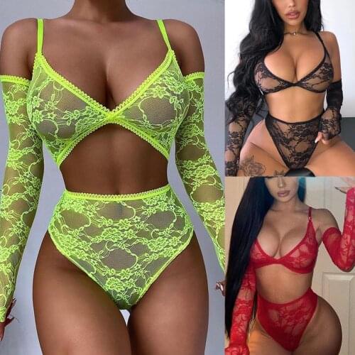 Four Piece Women’s Lingerie Set Sexy Underwear Girl Solid Color Lace Bra and High Waist Panty with Separated Sleeves