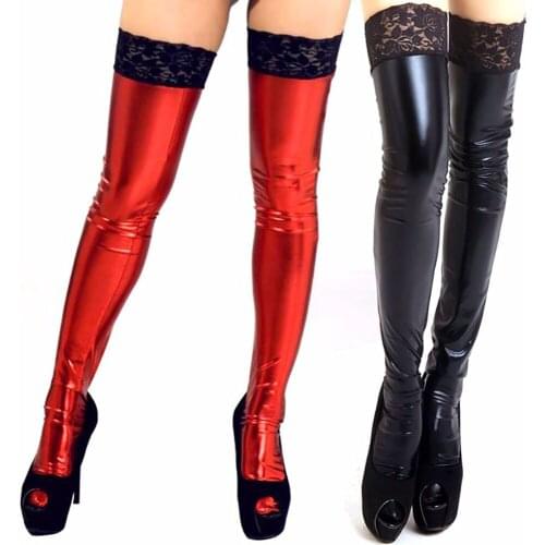 Sexy Lace Floral Patchwork PU Leather Thigh High Stockings 4 Colors Women Wetlook Over Knee Stockings Stretch Leather Stockings