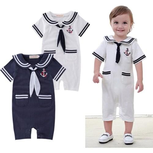 Baby Toddler Boys Girls Sailor Costume Suit Short Sleeve Stripe Romper Grow Outfit Summer White Navy Onesie Outfit