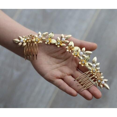 Jonnafe Delicate Gold Floral Bridal Long Hair Comb Peals Jewelry Leaf Women Headpiece Wedding Party Prom Hair Accessories