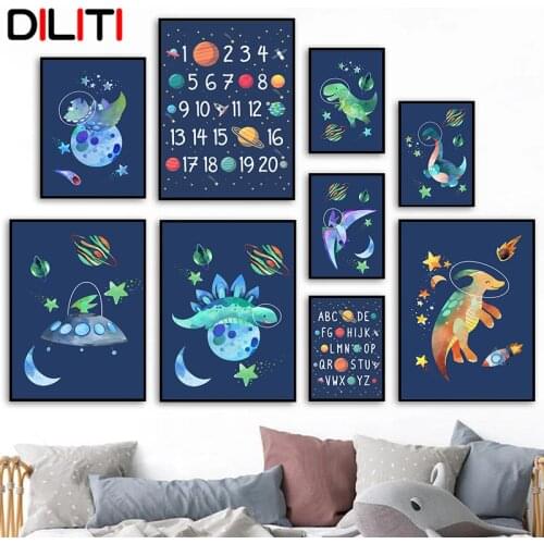 Dinosaur Space Planet Canvas Painting Nursery Alphabet Numbers Wall Art Baby Kids Room Decor Posters and Prints Pictures