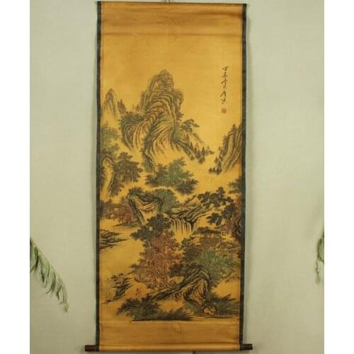 Antique painting traditional Chinese Tang Bohu mountains and trees painting scroll painting,old paper painting