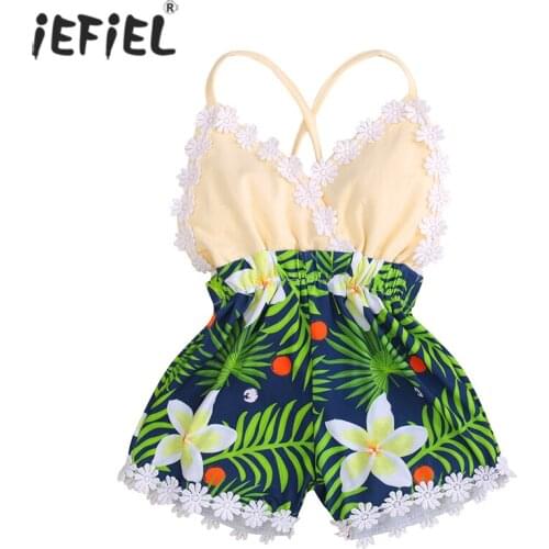 2021 Summer Girls' Cotton Casual Floral Printed One-Piece Strap Lace V Neck Overalls Toddler Girl Jumpsuit
