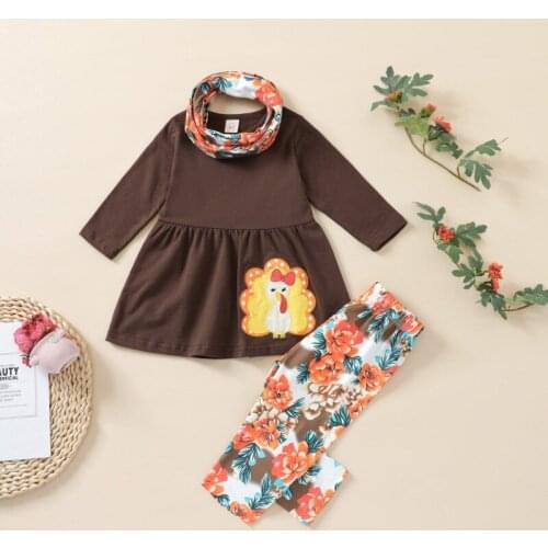 Girl Thanksgiving Clothes Set, Turkey/Pumpkin Embroidery Long Sleeve O-neck Tops+Printed Trousers+Scarf
