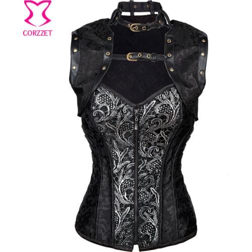 Women Zipper Steel Boned Black Steampunk Corset Gothic Plus Size Overbust Corsets And Bustiers Sexy Corpetes E Espartilhos S-2XL