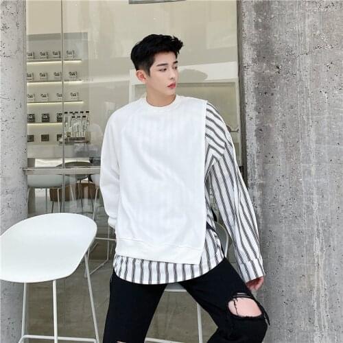 MIXCUBIC 2020 Autumn Korean style Unique Fake two design sweatshirt men casual loose Asymmetry stripes sweatshirt for men,M-XXL