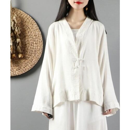 Chinese Style Clothing Women Linen Traditional Top Shirt Hanfu Streetwear Tang Suit Vintage Solid Color Long Sleeve Blouse 12412