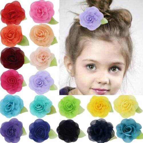 5pcs/lot Solid Flower with Green Leaf Hair Clips Fashion Chiffon Girls Hairpin Bow Accessories For Wedding Dress Home Party