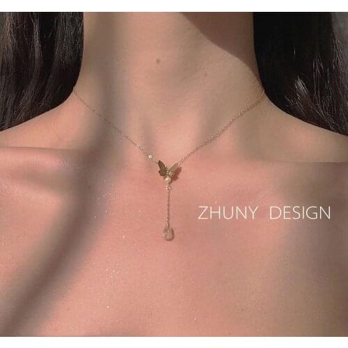 Butterfly Pearl Crystal Charm Necklaces For Women Pendant Thin Clavicle Chain Vintage Simple Korean Men Send Girlfriend Jewelry