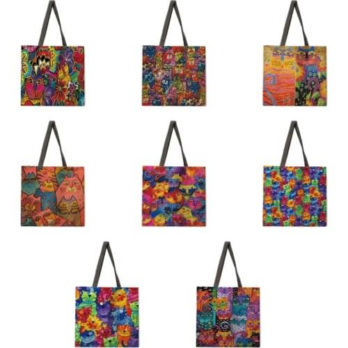 Outdoor beach bag golden cat combination linen tote bag female leisure portable lady shoulder bag foldable shopping bag