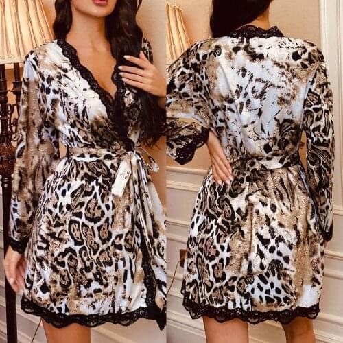 Silk Lace Leopard Robe Pajamas Nightdress Lingerie Women Underwear Sleepwear Leopard Print pajama peignoir satin femme soft T5