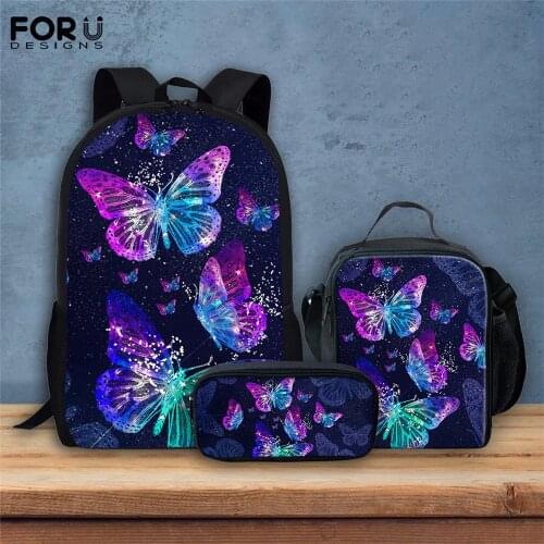 FORUDESIGNS 3D Art Purple Butterfly Printing School Bags For Girls Book Bag Suitable For Teens Students Storage Backpack Set