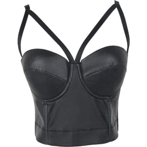 Black PU Synthetic Leather Corsets And Bustiers women sexy underbust Backless Bodycon Tops gothic clothing bodysuit Steampunk