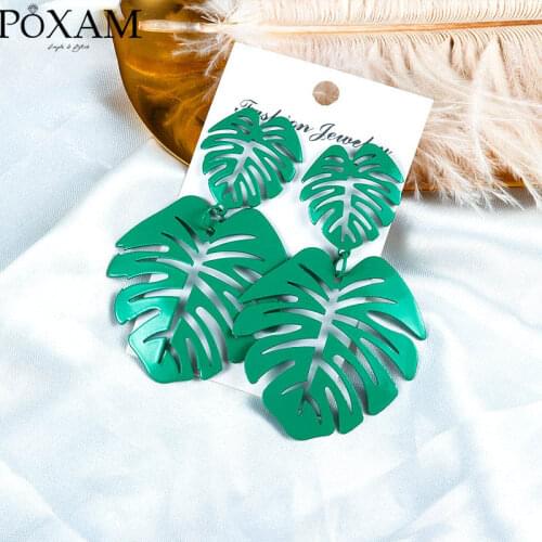New Fashion Big Leaf Statement Drop Earrings 2019 For Women Vintage Geometric Coconut Leaves Green Hollow Metal Earrings Jewelry