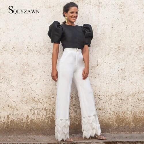 Office Lady Two Piece Pants Size Women Elegant Puff Short Sleeve Top + Tassel Palazzo Wide Leg Trousers Matching Fashion Outfit