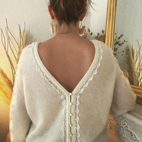 Valentine Lace Inserts Women Sweater Autumn Winter 2020 Puff Sleeve V Neck Jumper Cardigan Vintage Warm Casual Sweaters Femme