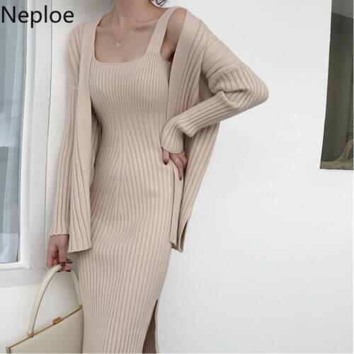 Neploe 2021 Chandal Mujer Winter Casual Long Sleeve Cardigan + Suspenders Sweater Skinny Vest Dress Two Piece Dress Suit 46304